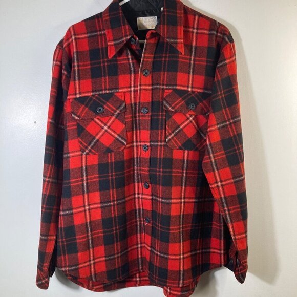 Mens Vintage Sears Kings Road Plaid Wool Button Shirt Red Black L 16 - 16.5" Woo - Picture 1 of 6